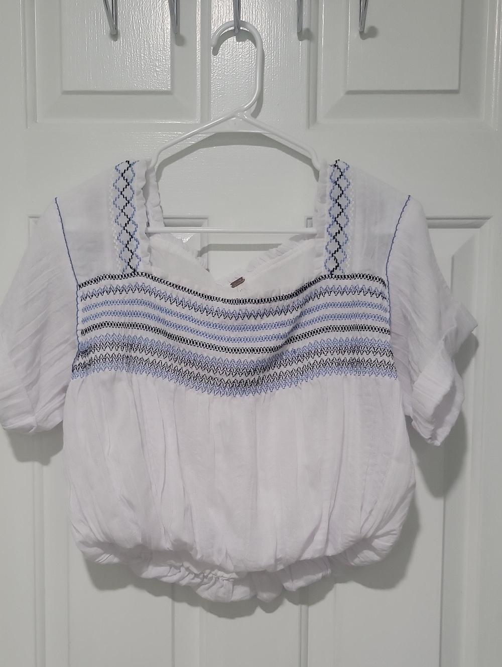 Free People White Women's Smocked Peasant Top with Blue Embroidery